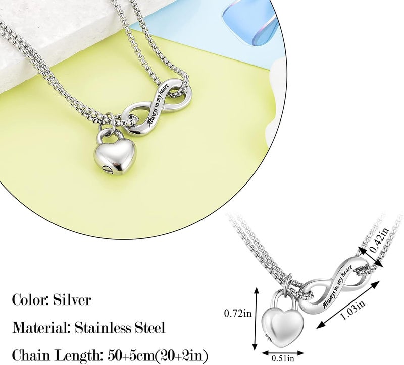XIUDA Infinity Urn Necklace for Human Ashes Always in My Heart Cremation Necklace Stainless Steel Memorial Ash Jewelry for Women - Image 2